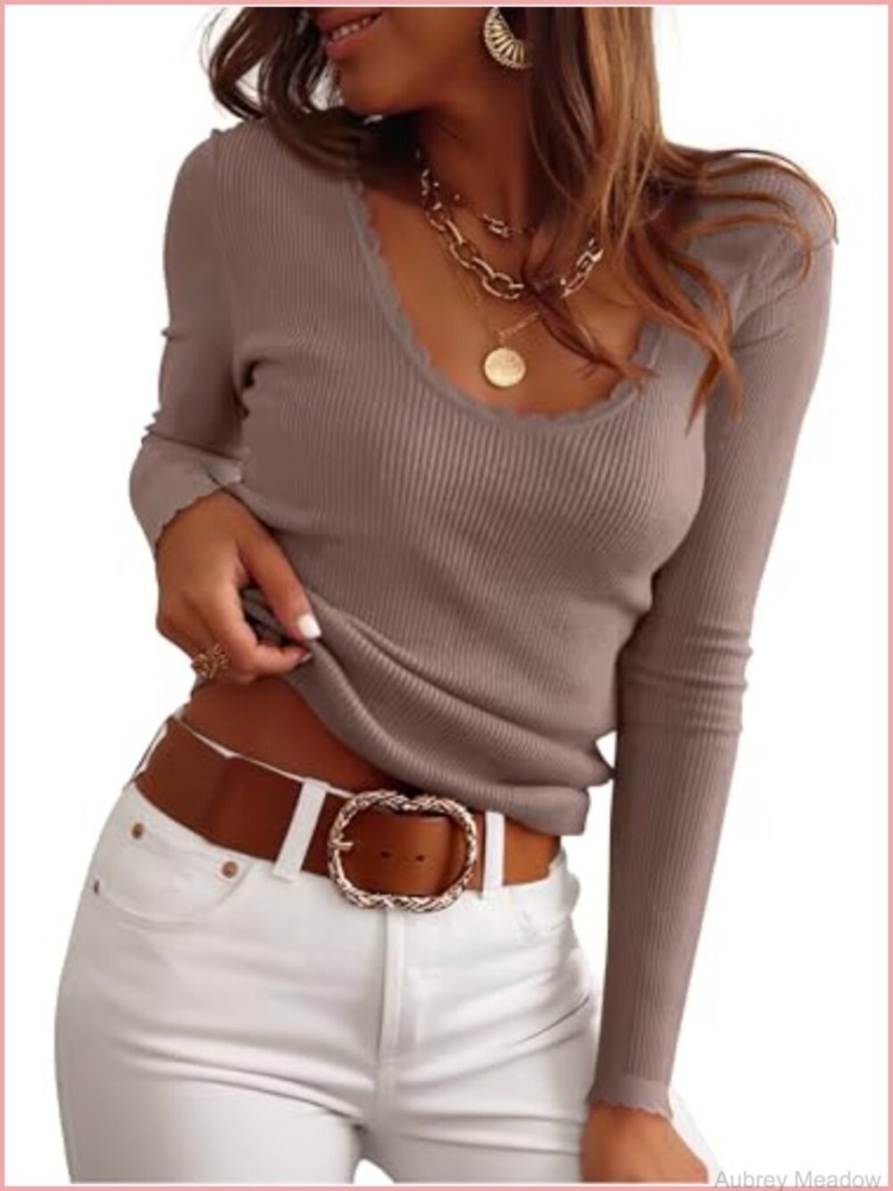 Women's Long Sleeve Scalloped Scoop Neck Ribbed Knit Pullover Sweater